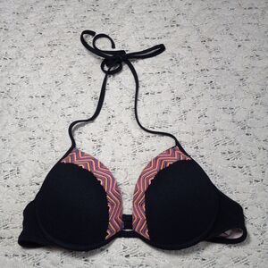 Shade & Shore Black Halter Bikini Top with Multicolor Chevron Trim Size 34B